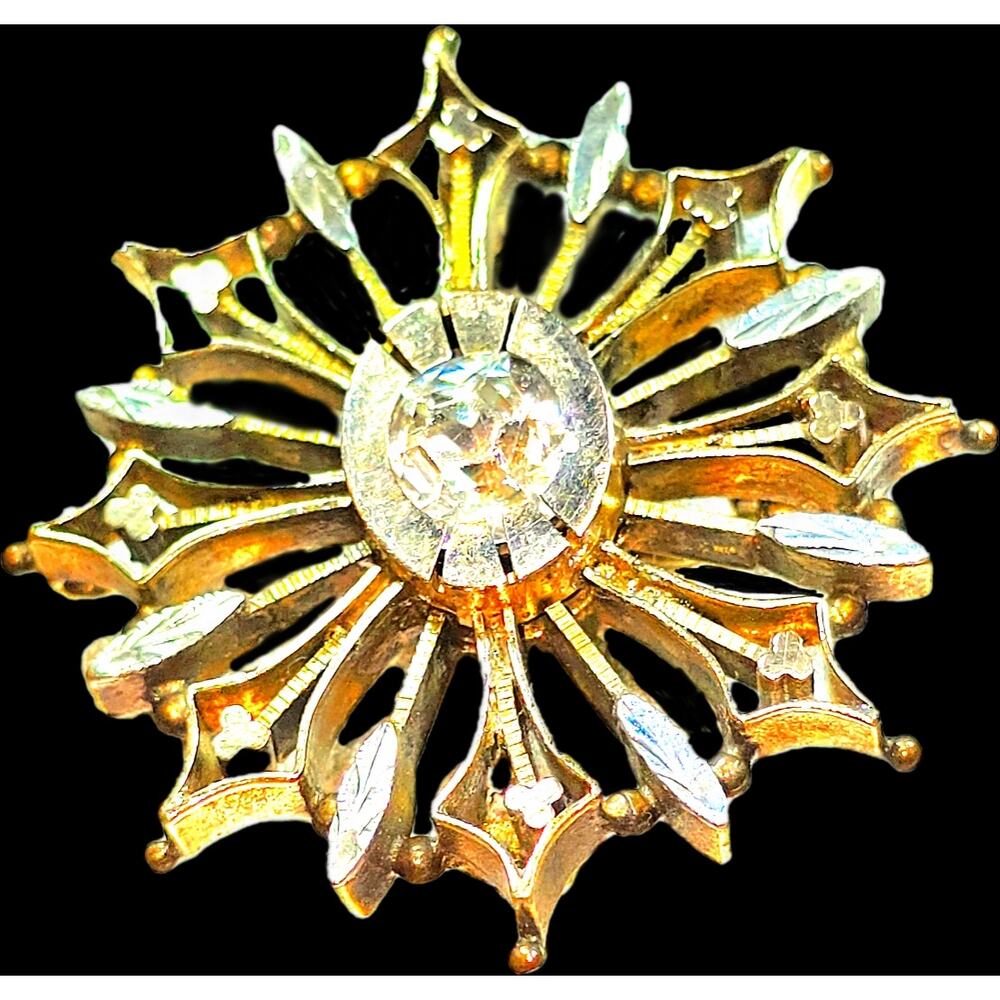 Vintage Sun Star 10k Gold Topped Brooch With Paste Rhinestone Embellishment READ